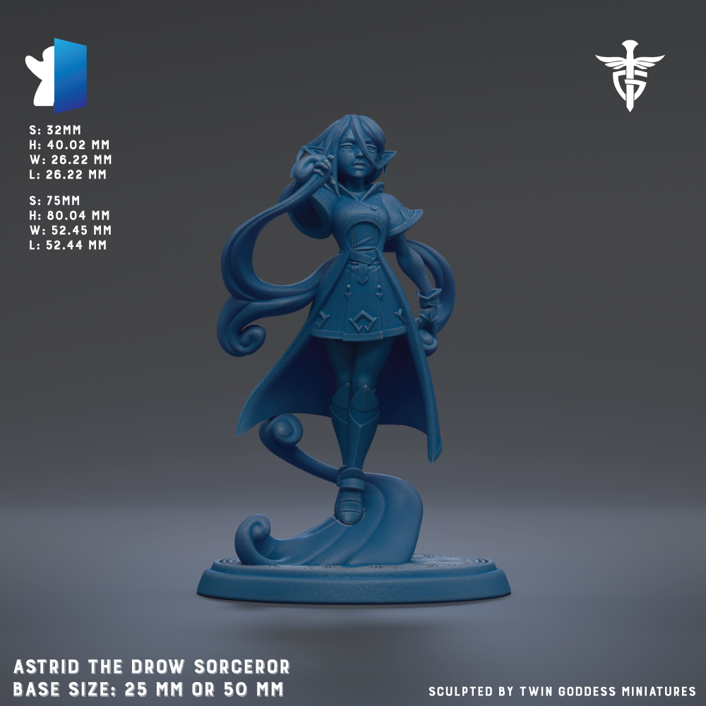 The image is a 3D rendering of a blue figurine of a female character, likely representing a witch or magical being. The figurine is standing on a base and has a flowing cape. The image is described as a "base size: 25mm or 50mm" and is "sculpted by Twin Goddesses miniatures".