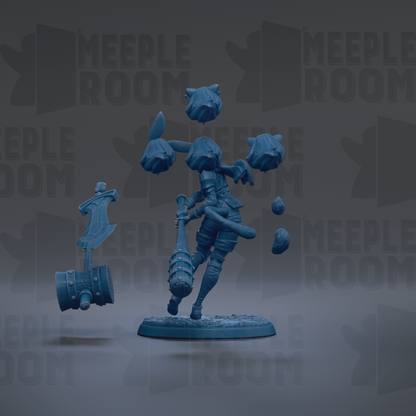A 3D rendering of a blue character with multiple arms and a large hammer, set against a dark background with repeated text.