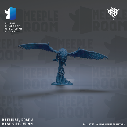 a blue dragon statue with wings spread wide, standing on a base. The dragon is the main focus of the image, and it is described as a "sculpted by mini monster Mayhem" piece. The base size of the statue is described as "75 mm". The background of the image is a dark gray color, which contrasts with the blue dragon and makes it stand out. The image does not contain any text, and it is a single, unbroken scene.