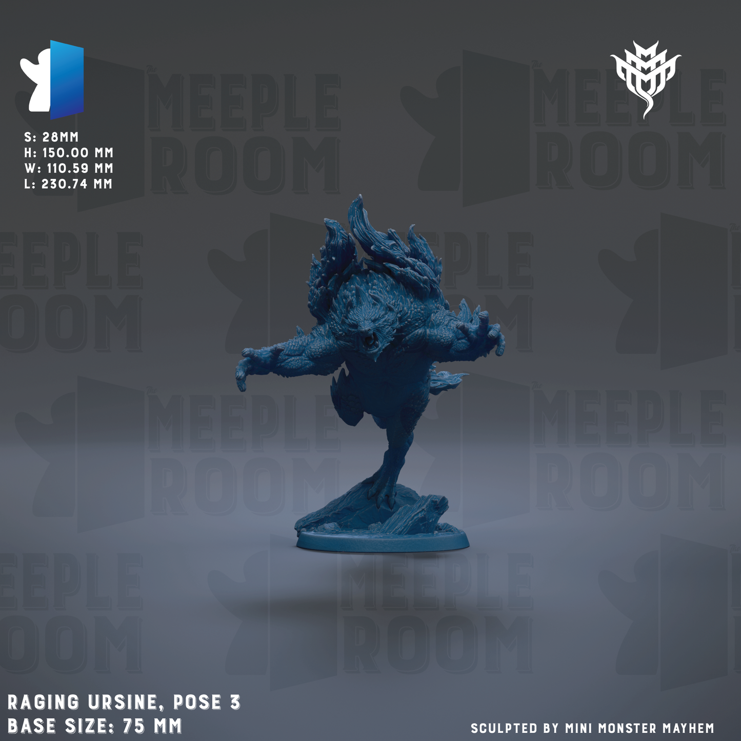 a blue monster figurine posed in a fighting stance, with its arms raised and legs spread, against a dark background with repeated text.