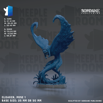 The image is a blue figurine of a winged creature, possibly a dragon or serpent, with a textured, sculpted appearance. The figurine is positioned on a base and appears to be a pose for a figurine or model. The image is described as a "CLOAKER, POSE 1" and has a base size of either 25mm or 50mm. The background of the image is a repeating pattern of the word "MEUPLEROOM".