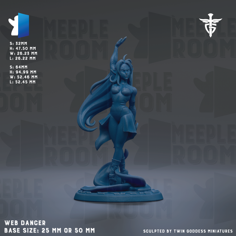 a blue figurine of a woman with long hair, standing on a base and appearing to dance. The figurine is described as a "WEB DANCER" and has a base size of 25mm or 50mm. The background of the image is a dark gray color, and there are repeated instances of the phrase "MEIPLE ROOM" in the background.