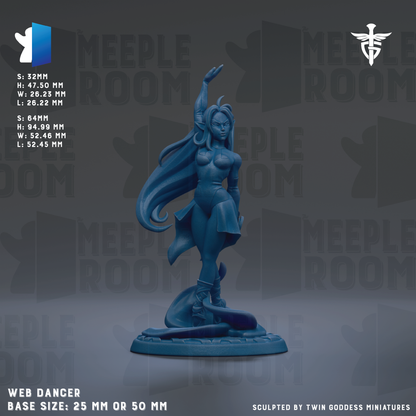 a blue figurine of a woman with long hair, standing on a base and appearing to dance. The figurine is described as a "WEB DANCER" and has a base size of 25mm or 50mm. The background of the image is a dark gray color, and there are repeated instances of the phrase "MEIPLE ROOM" in the background.