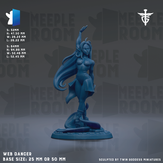 a blue figurine of a woman with long hair, standing on a base and appearing to dance. The figurine is described as a "WEB DANCER" and has a base size of 25mm or 50mm. The background of the image is a dark gray color, and there are repeated instances of the phrase "MEIPLE ROOM" in the background.