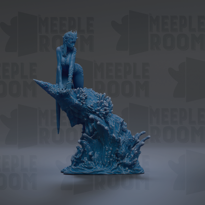 A blue, 3D-rendered statue of a female figure sitting on a rock formation, with the text "MEUPLE ROOM" repeated in the background.