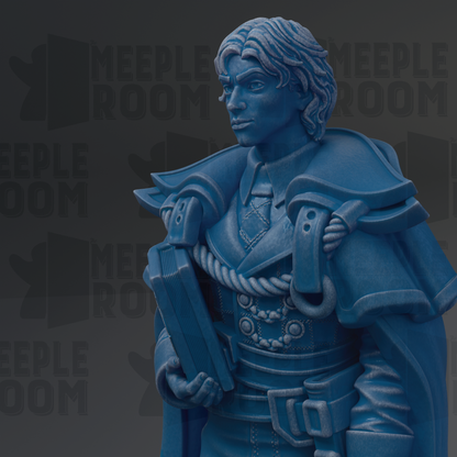 A close-up of a blue statue depicting a man with a serious expression, holding a book and wearing a cape-like garment.