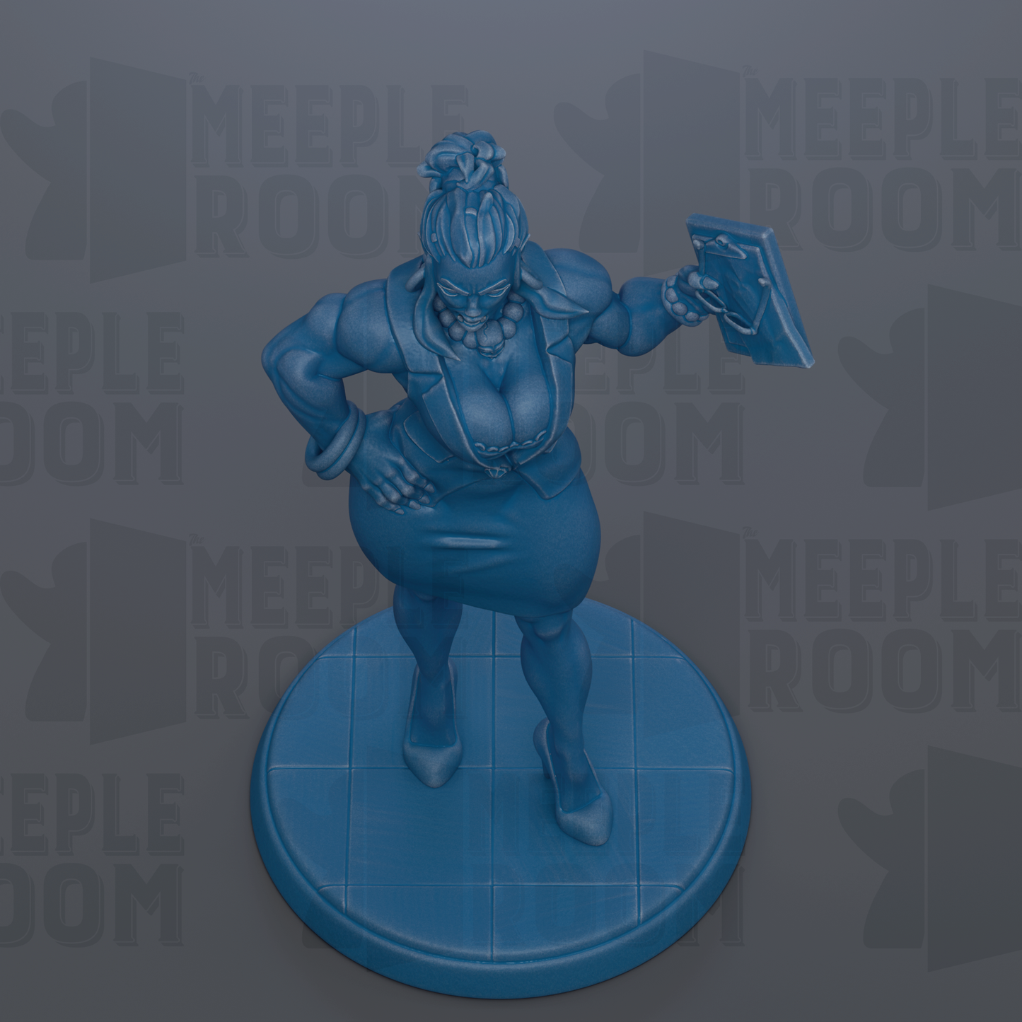 A blue figurine of a woman standing on a blue platform, holding a blue object in her hand.