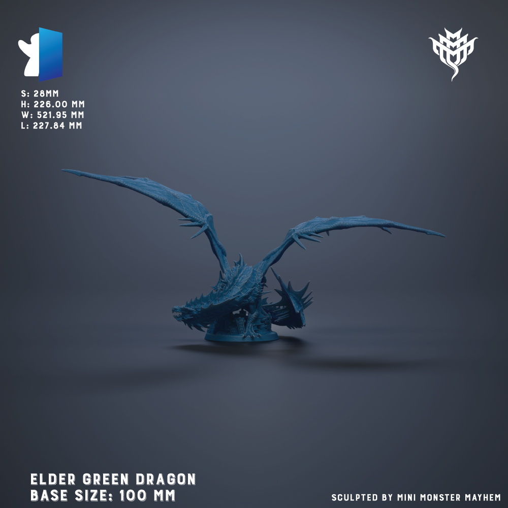 The image is a 3D rendering of a large, blue green dragon statue with wings spread wide. The dragon is depicted in a dynamic pose, with its head turned to the side. The dragon is shown in a base size of 100 millimeters, as indicated by the text at the bottom of the image. The image is a 3D model of the dragon, and it is a sculpted piece of art.