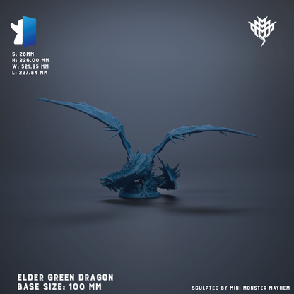 The image is a 3D rendering of a large, blue green dragon statue with wings spread wide. The dragon is depicted in a dynamic pose, with its head turned to the side. The dragon is shown in a base size of 100 millimeters, as indicated by the text at the bottom of the image. The image is a 3D model of the dragon, and it is a sculpted piece of art.