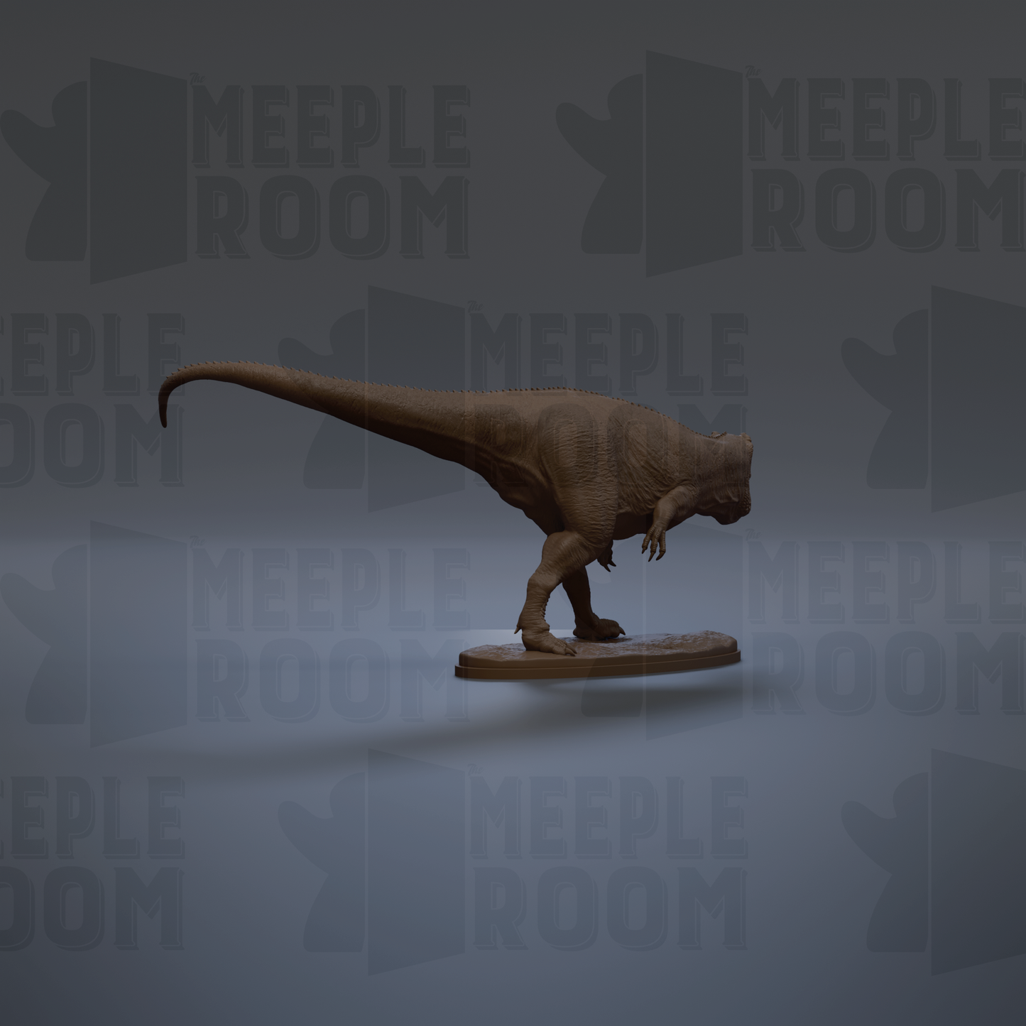 A 3D rendering of a dinosaur statue, likely a T-Rex, standing on a platform against a dark background with repeated text.