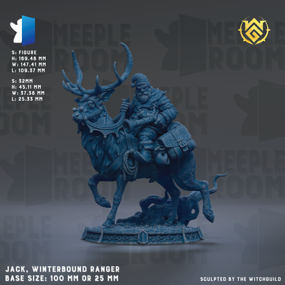 The image is a detailed sculpture of a winterbound ranger figure, with a Santa Claus figure on a reindeer. The sculpture is made of a dark blue material and is displayed on a base that is either 100 mm or 25 mm in size. The sculpture is titled "Jack, Winterbound Ranger" and is sculpted by the Witchguild.
