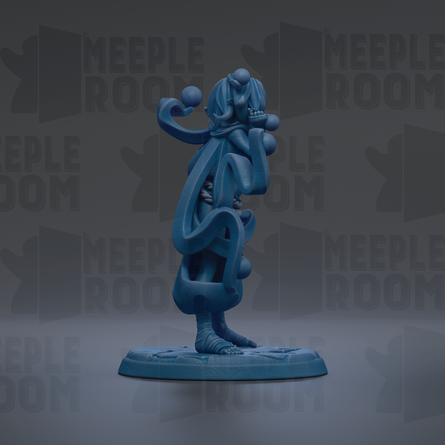 A blue, abstract sculpture with a unique, organic shape stands on a base against a dark background with repeated text.