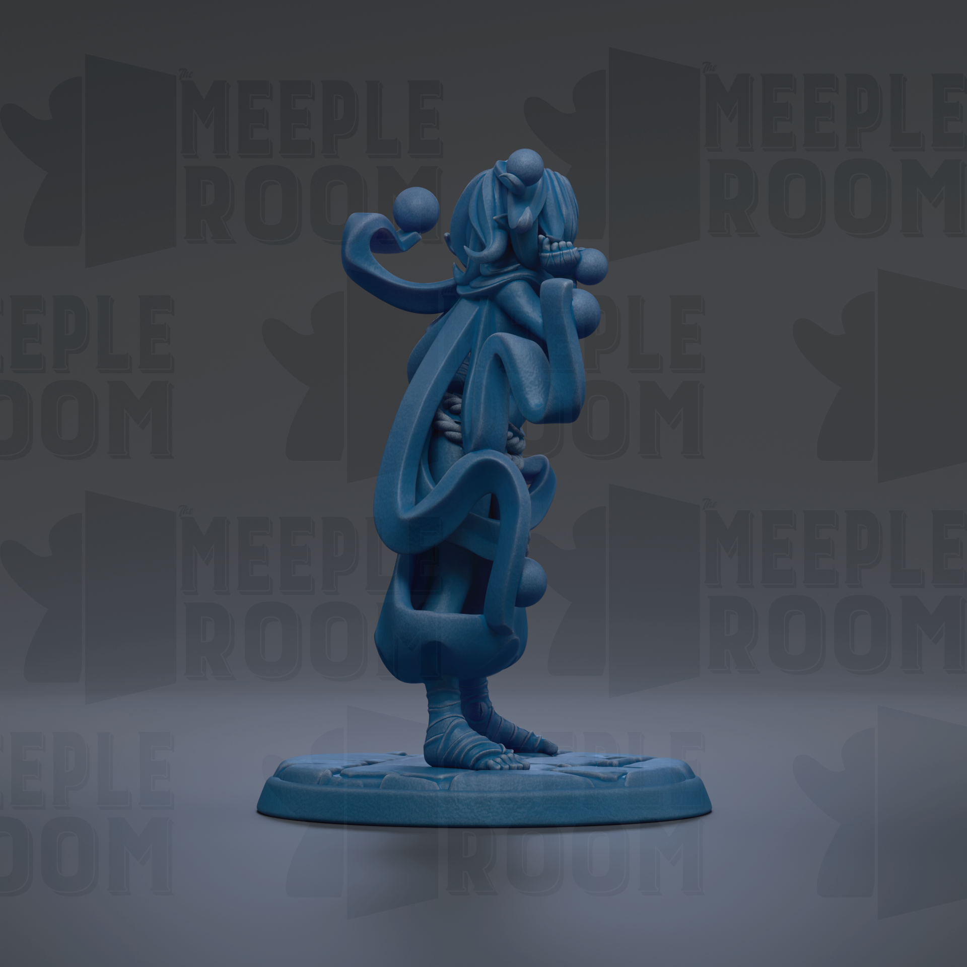 A blue, abstract sculpture with a unique, organic shape stands on a base against a dark background with repeated text.