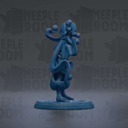 A blue, abstract sculpture with a unique, organic shape stands on a base against a dark background with repeated text.