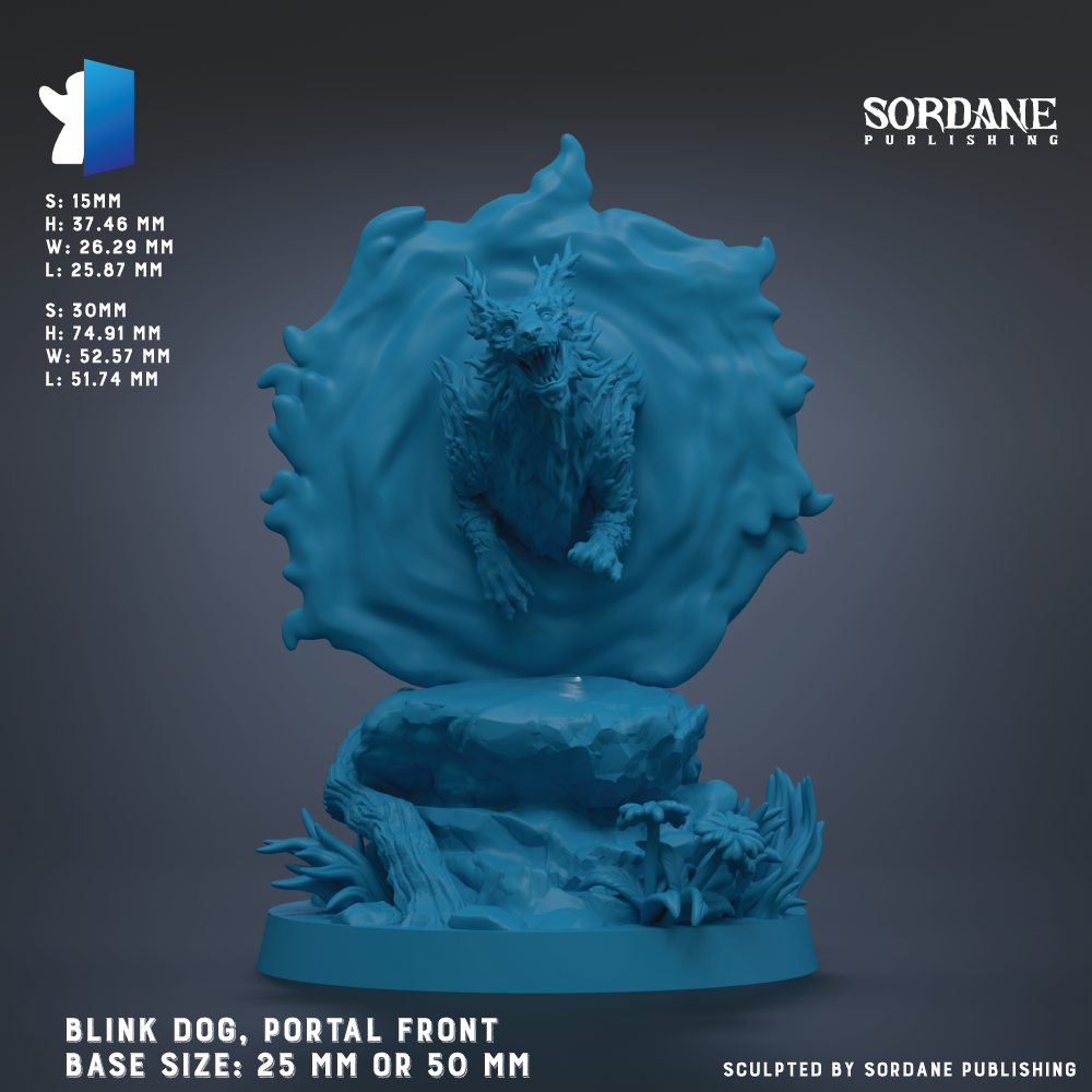 The image is a 3D rendering of a blue dragon sculpture with a large, swirling shape around it. The dragon appears to be in motion, with its head and wings spread out. The sculpture is set against a dark background, which emphasizes its vibrant blue color. The image is described as a "Blink Dog, Portal Front" and is shown in a base size of 25 mm or 50 mm. It is published by Sordane Publishing.