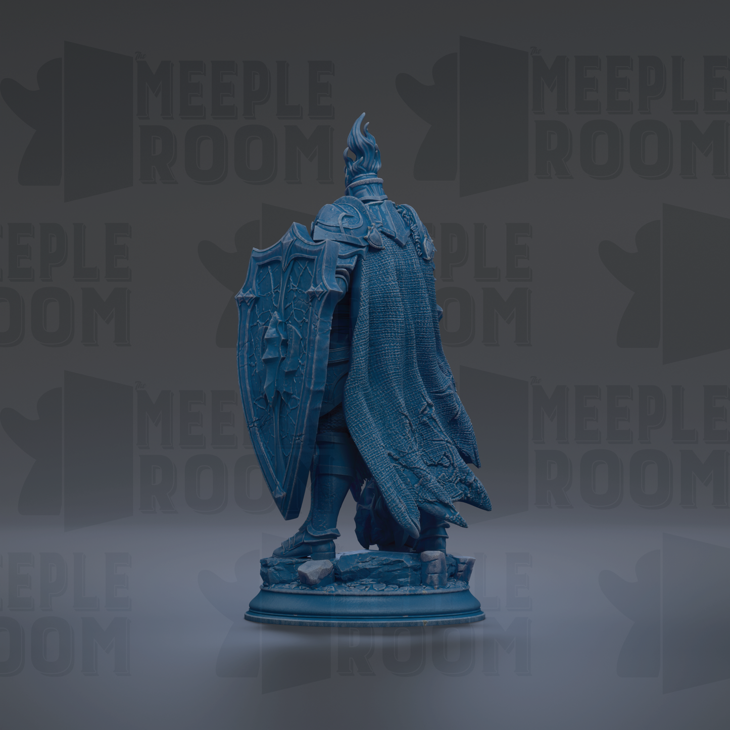 A blue statue of a knight holding a shield and sword, standing on a pedestal against a dark background with repeated text.