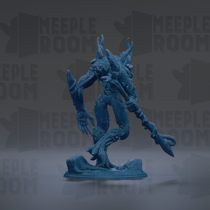 A blue, 3D-rendered figurine of a fantastical creature with horns and a long, curved weapon, standing on a rock.