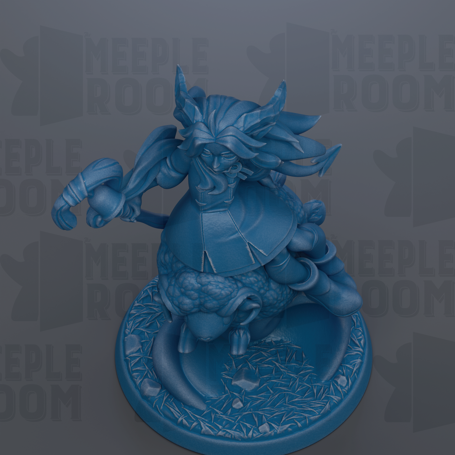 A blue figurine of a fantastical creature, possibly a dragon or serpent, is depicted in the center of the image.