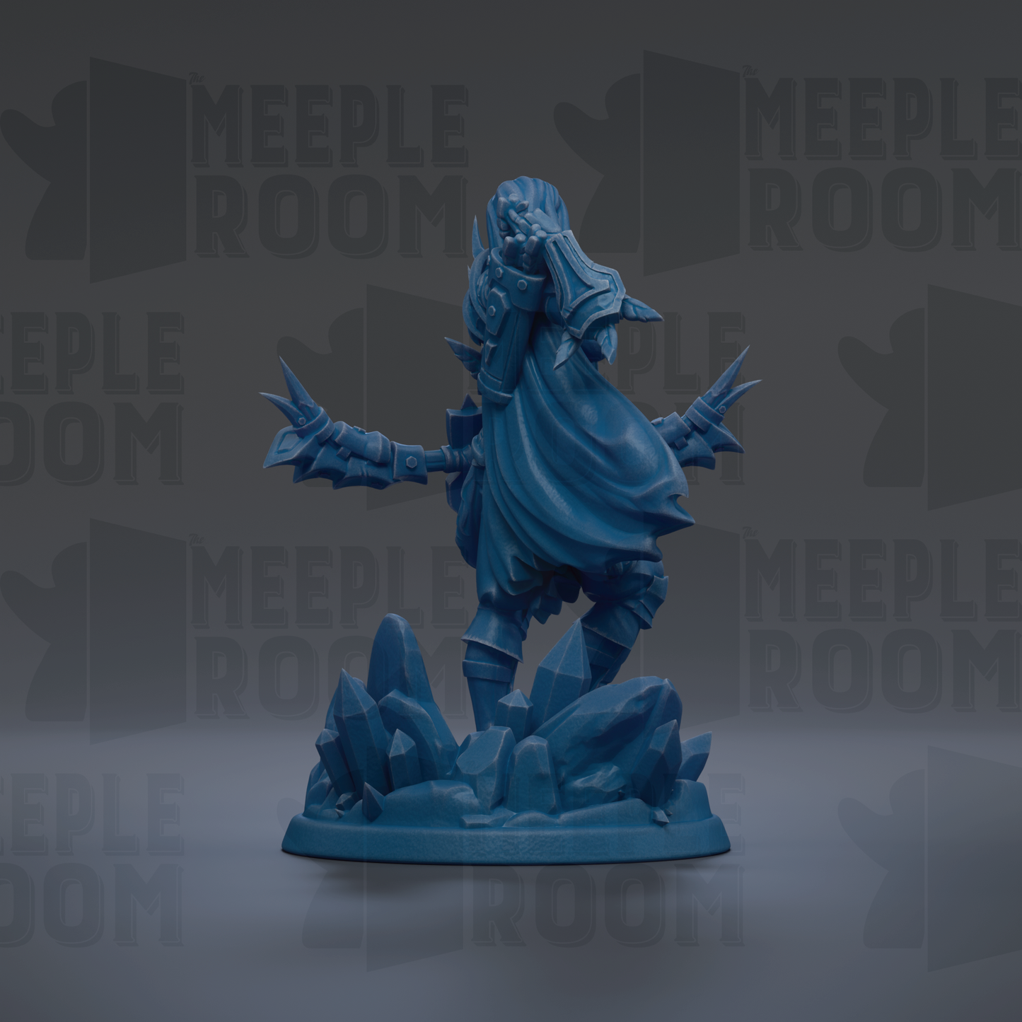 A blue figurine of a warrior standing on a rocky base, with a flowing cape and wielding a sword.