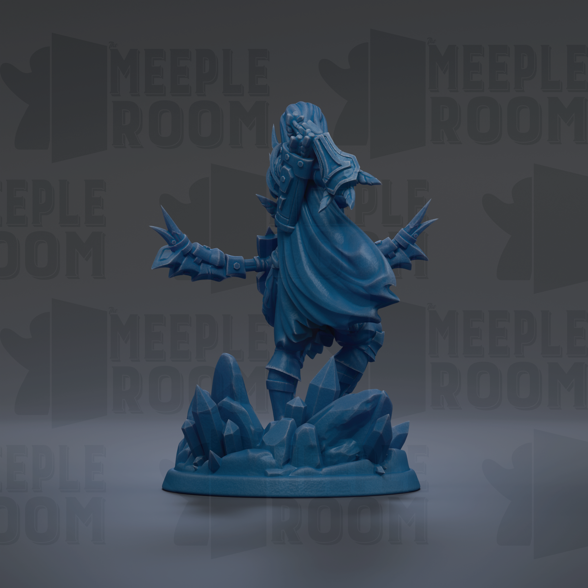 A blue figurine of a warrior standing on a rocky base, with a flowing cape and wielding a sword.