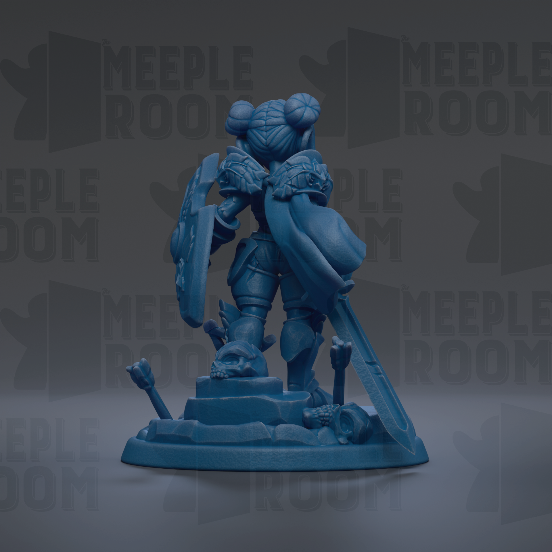 A blue figurine of a knight standing on a pedestal, holding a shield and sword, against a dark background with repeated text.