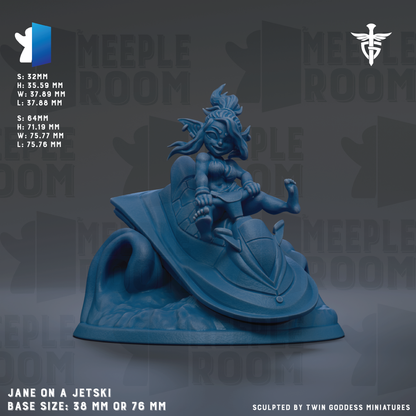 The image is a 3D rendering of a figurine of a character, specifically a woman, sitting on a jet ski. The figurine is blue in color and appears to be made of a material that resembles plastic or foam. The image is described as a "MEIPLE ROOM" and is labeled as a "JANE ON A JETSKI". The base size of the figurine is either 28 mm or 76 mm. The image is described as being "Sculpted by TWIN GODESS MINIATURES".
