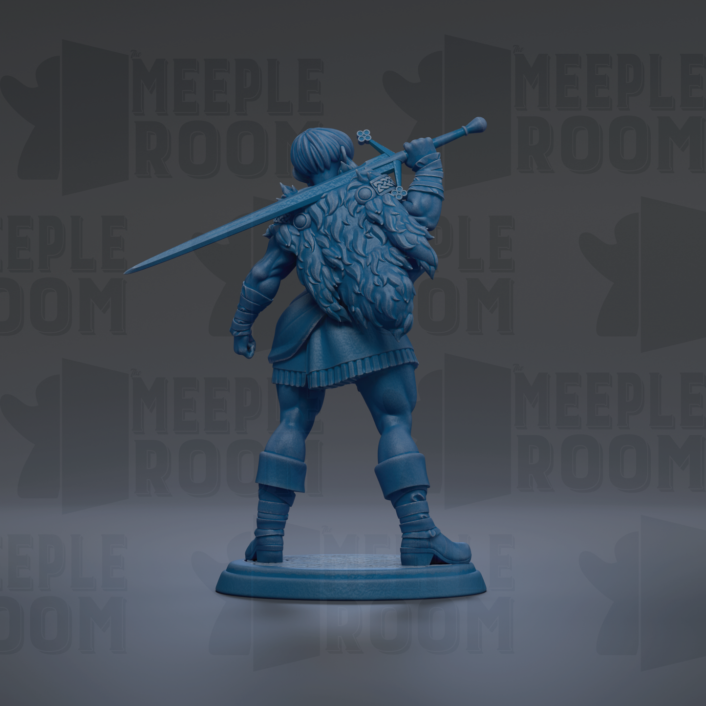 A blue statue of a warrior figure holding a sword and shield, standing in a defensive stance.