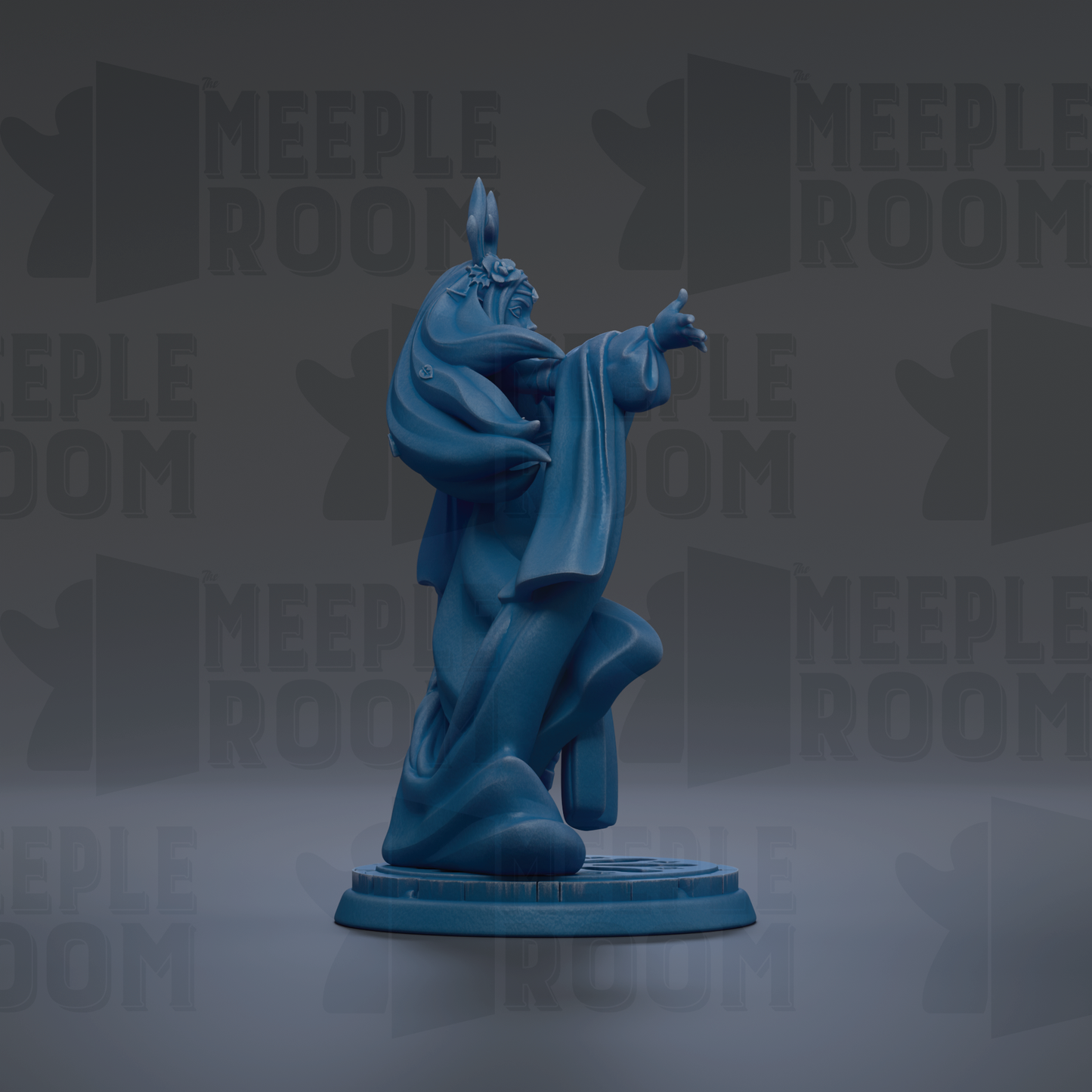 A blue figurine of a person with a headdress is displayed against a dark background with repeated text.