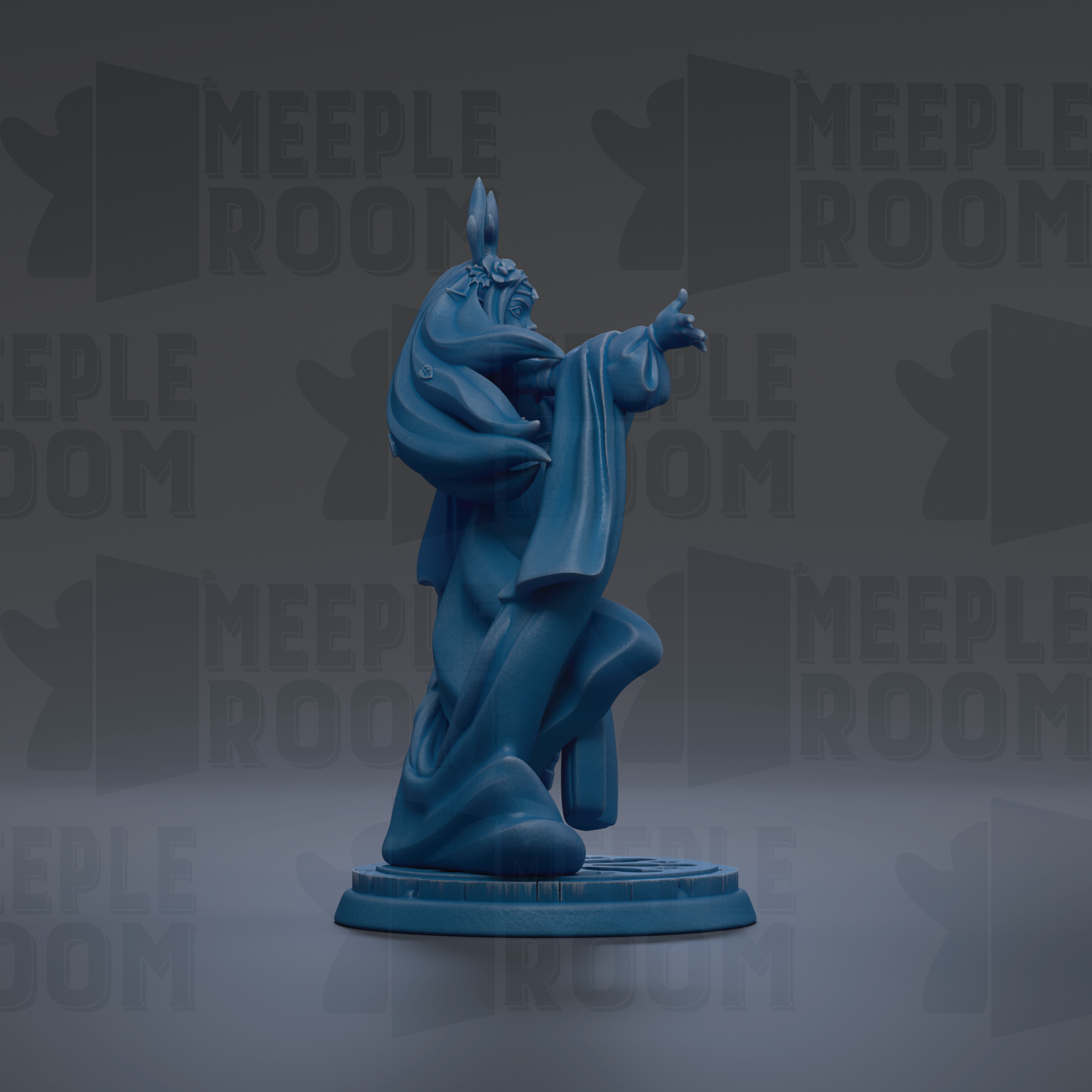 A blue figurine of a person with a headdress is displayed against a dark background with repeated text.