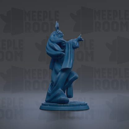 A blue figurine of a person with a headdress is displayed against a dark background with repeated text.
