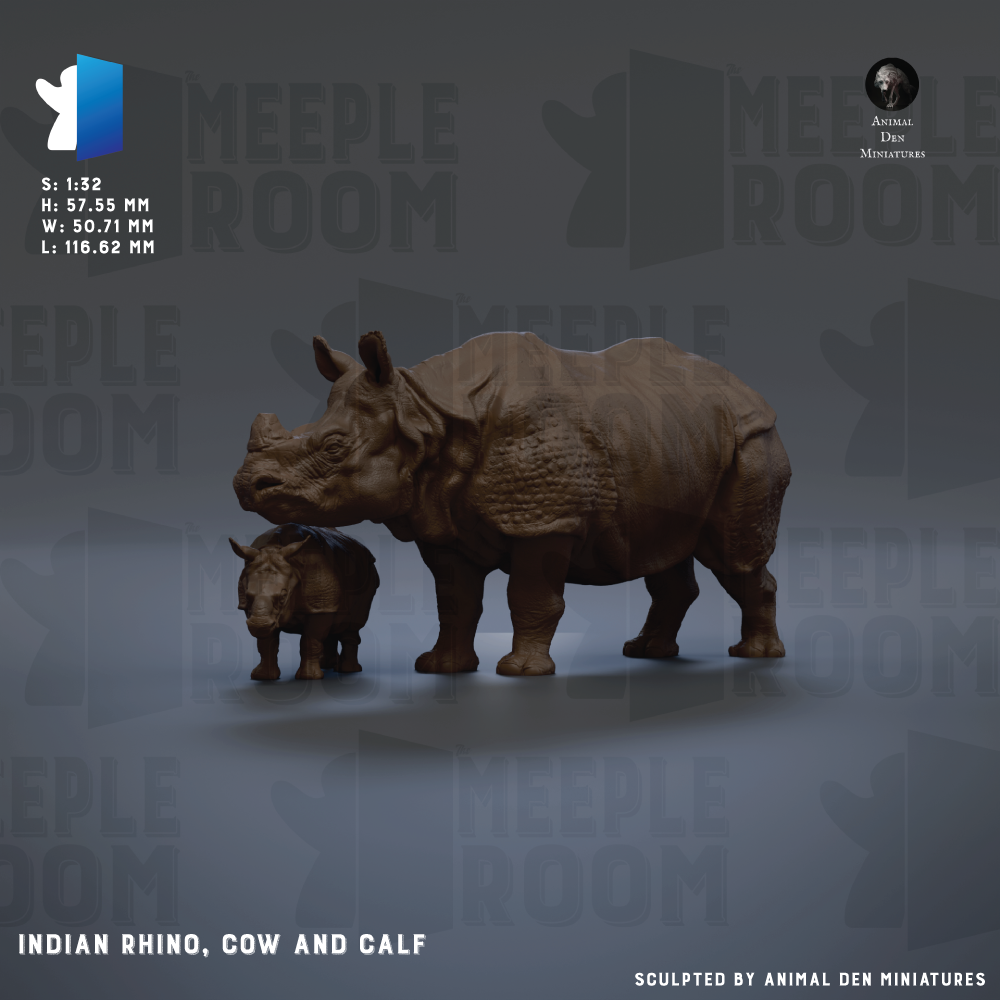 a 3D model of an Indian rhinoceros, a cow, and a calf, all rendered in a realistic style.