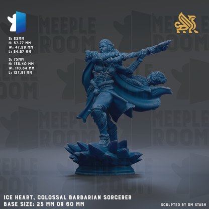 The image is a detailed statue of a colossal barbarian Sorcerer, with a focus on the figure's pose and the intricate details of the figure's attire and weapons.