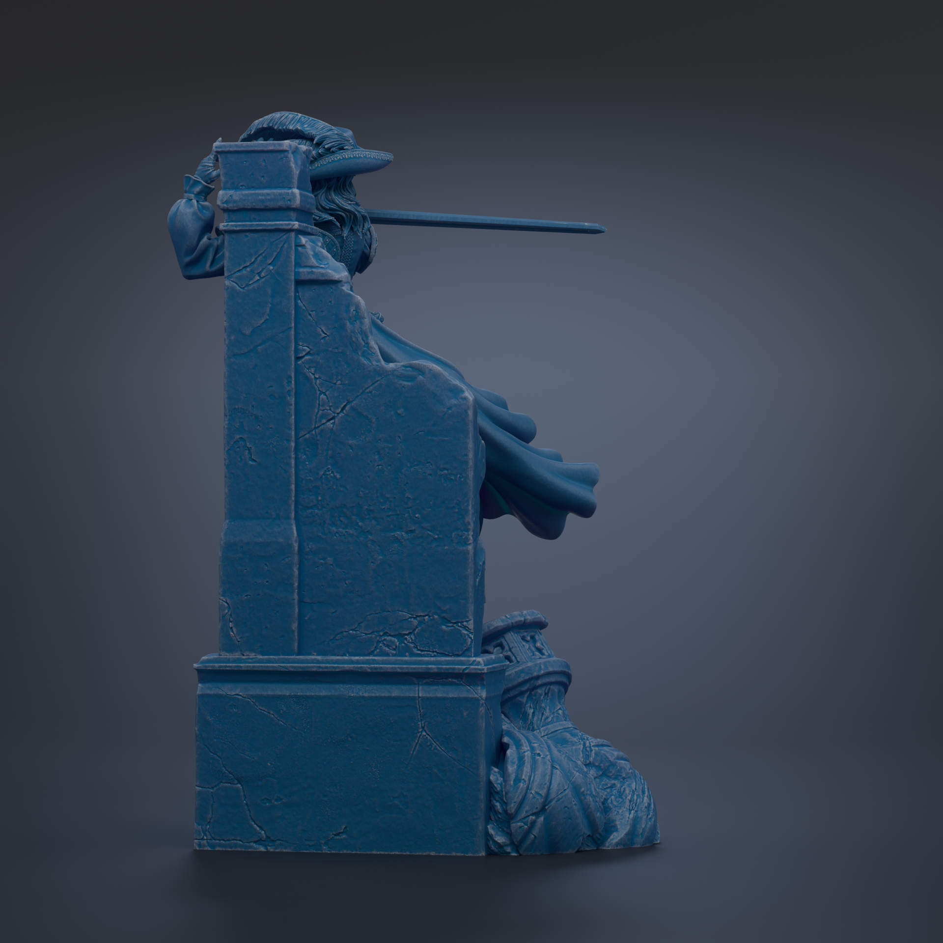 A blue, stone-like statue of a figure sitting on a pedestal, with a long, pointed object extending from the top of the statue.