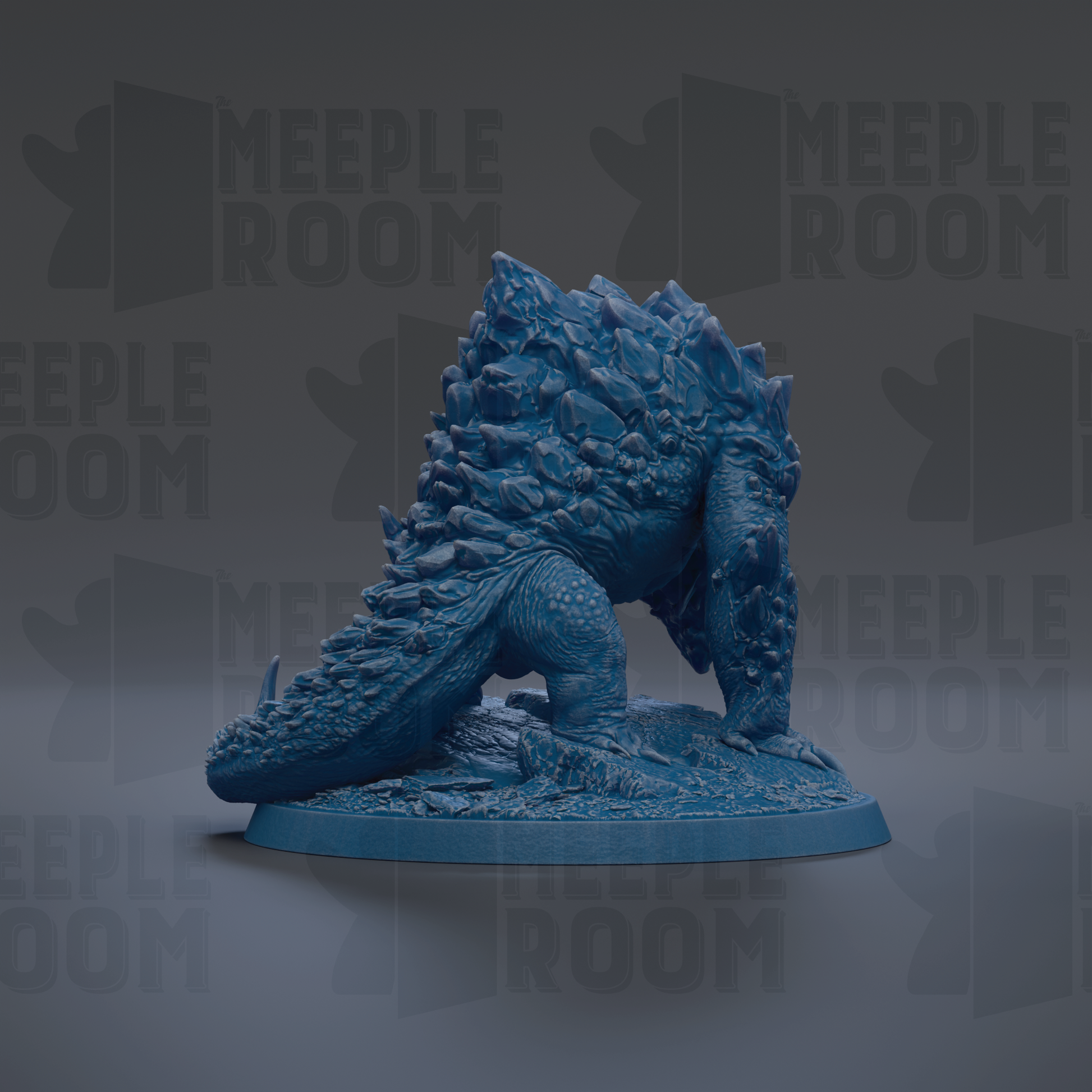 A 3D rendering of a blue, rocky-looking creature with a long tail, standing on a base.