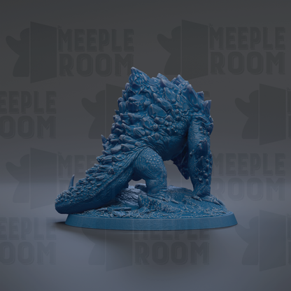 A 3D rendering of a blue, rocky-looking creature with a long tail, standing on a base.