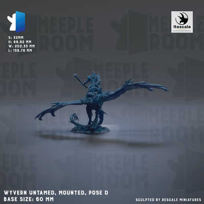 The image is a 3D model of a winged creature, possibly a dragon or mythical creature, mounted on a base. The creature is shown in a pose, with its wings spread out. The background of the image is a dark gray color, which contrasts with the creature and makes it stand out. The image is described as "Wyvern Untamed, Mounted, Pose D" and is labeled as "Base Size: 60 mm". It is also described as a "Collage of multiple images" and "Sculpted by Rescue miniatures".