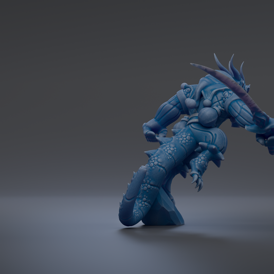 A 3D rendering of a blue, fantastical creature with sharp teeth and claws, standing on a rock and facing to the right.