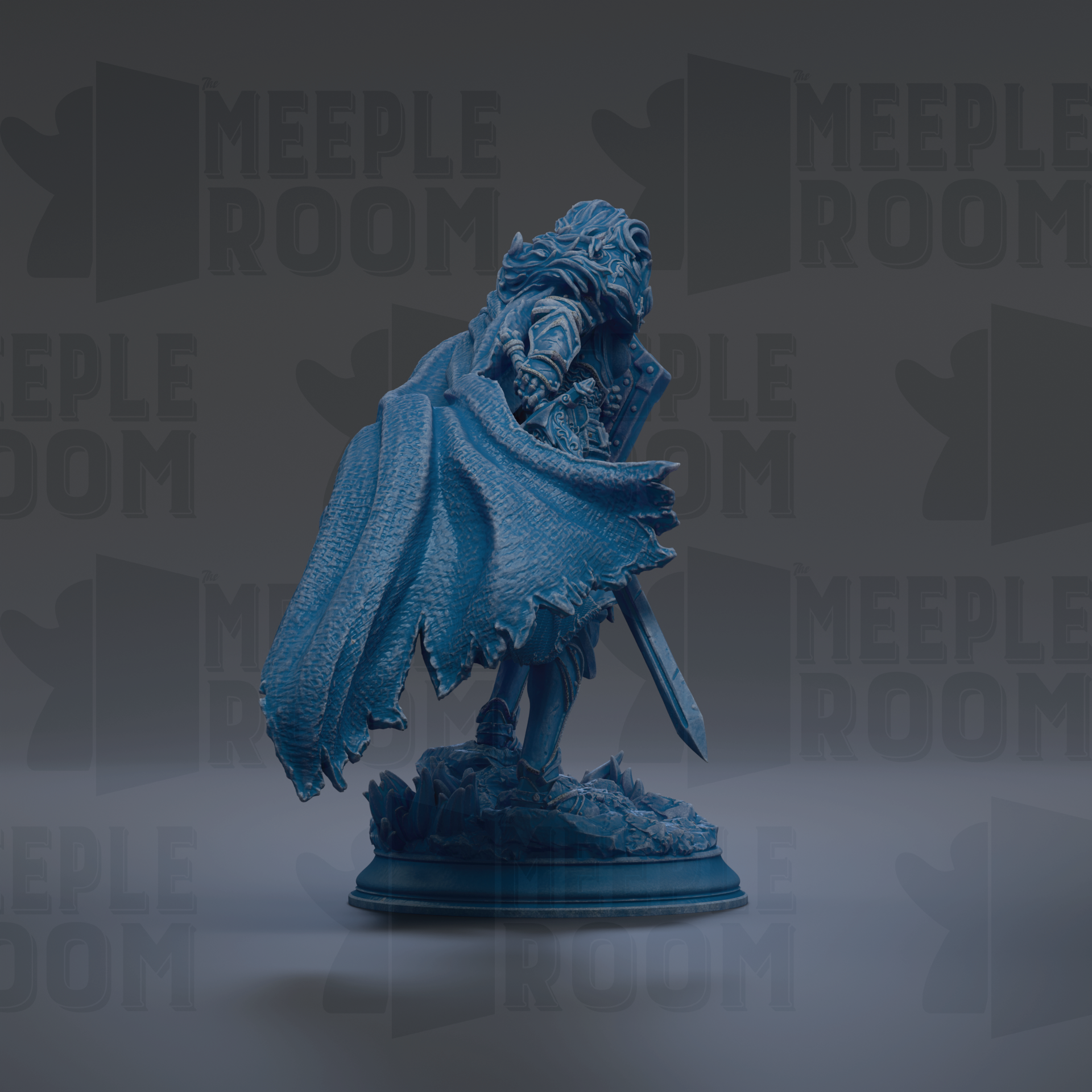 A blue statue of a warrior figure holding a shield and sword, standing on a pedestal against a dark background with repeated text.
