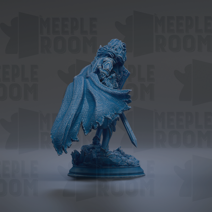 A blue statue of a warrior figure holding a shield and sword, standing on a pedestal against a dark background with repeated text.