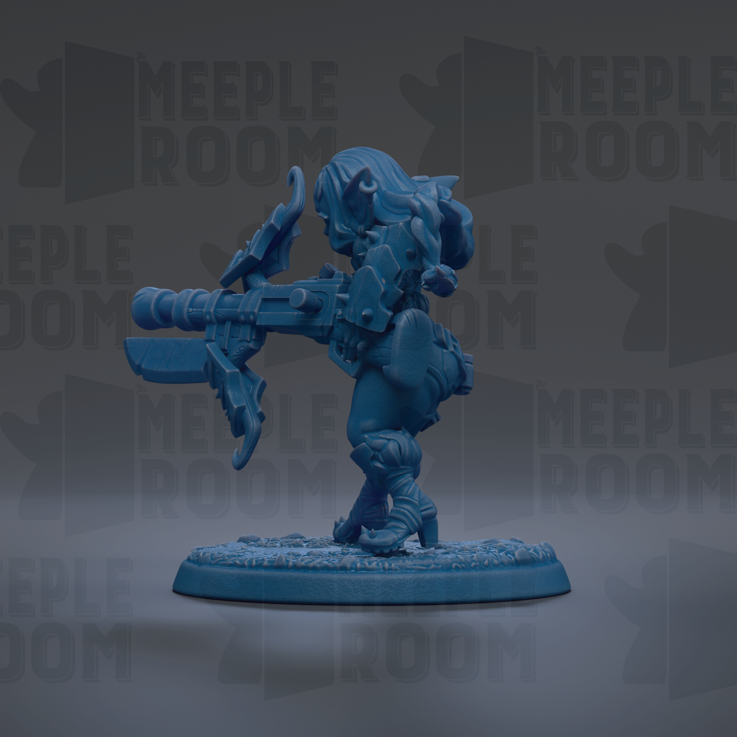 A blue, 3D-rendered character figurine is shown in the center of the image, holding a large gun-like weapon.