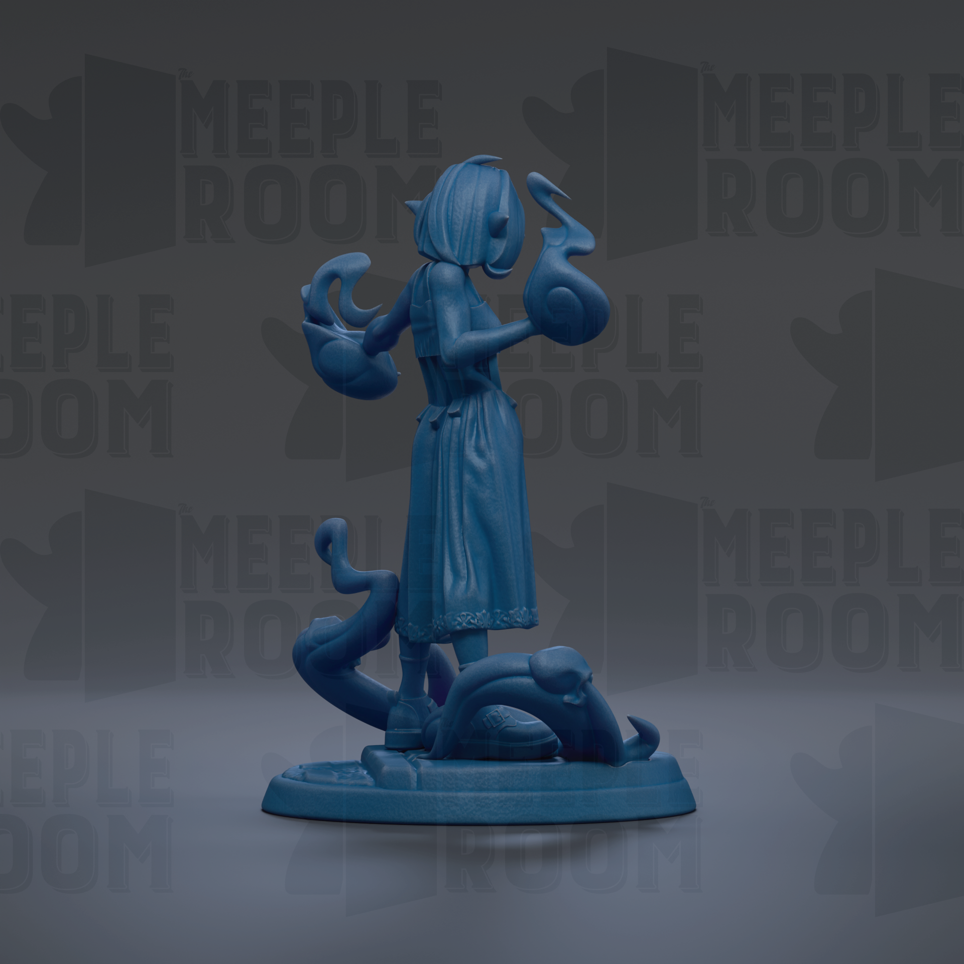 A blue figurine of a woman holding a large, abstract object, possibly a sculpture or a figurine, against a dark background with repeated text.