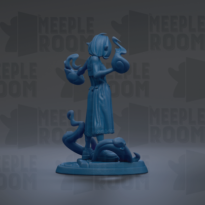 A blue figurine of a woman holding a large, abstract object, possibly a sculpture or a figurine, against a dark background with repeated text.