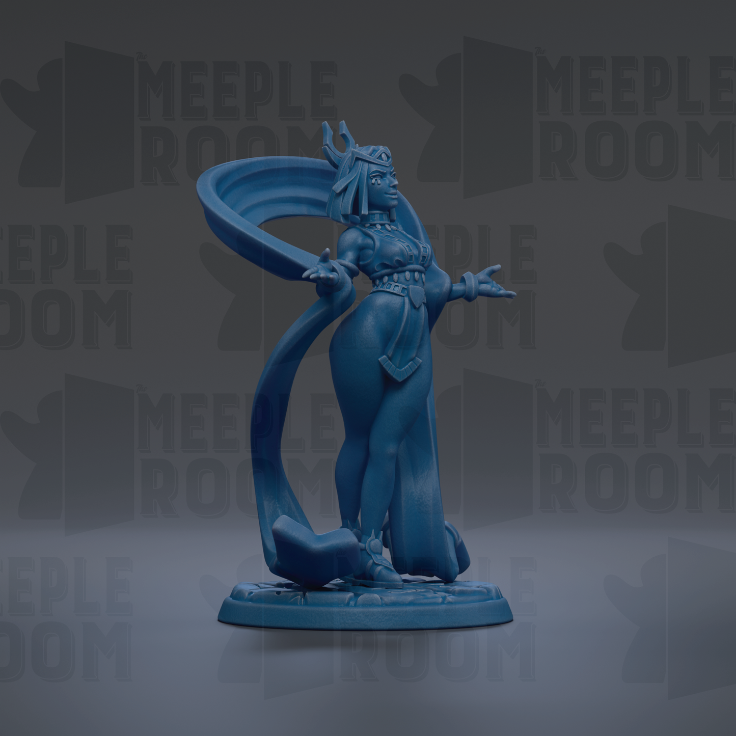 A blue figurine of a woman with a flowing skirt and headdress stands on a base against a dark background with repeated text.