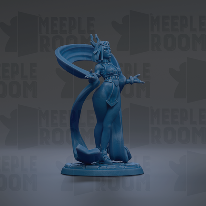 A blue figurine of a woman with a flowing skirt and headdress stands on a base against a dark background with repeated text.