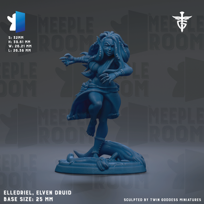 a figurine of a female character, specifically an elf-like figure, with a detailed and intricate design. The figurine is described as a base size of 25mm and is sculpted by Twin Goddesses miniatures.
