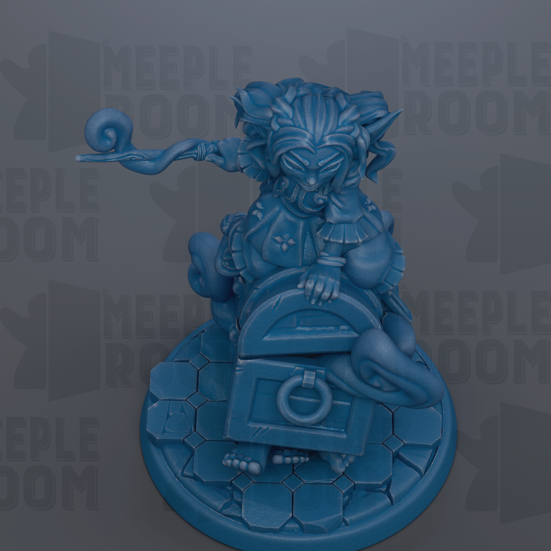 A blue figurine of a fantastical creature, possibly a dragon or serpent, sitting on a pedestal and holding a scroll or scroll-like object.