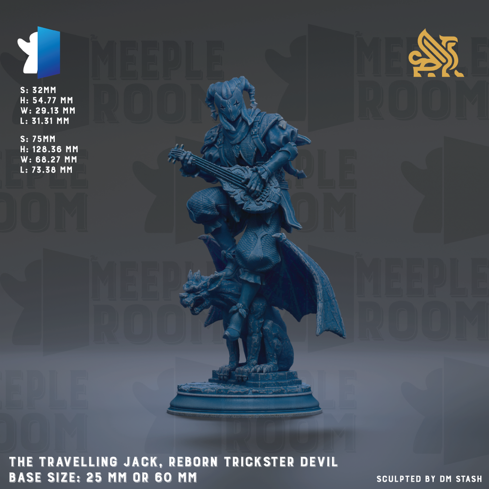 a statue of a travelling jack, a reborn trickster devil, with a dragon on its back. The statue is made of a dark blue material and is displayed on a pedestal. The base size of the statue is either 25mm or 60mm. The image is a sculpture by DM Stash.