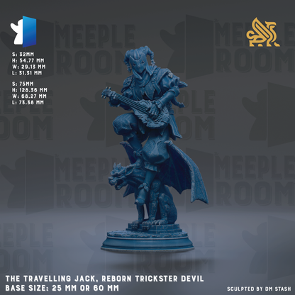 a statue of a travelling jack, a reborn trickster devil, with a dragon on its back. The statue is made of a dark blue material and is displayed on a pedestal. The base size of the statue is either 25mm or 60mm. The image is a sculpture by DM Stash.