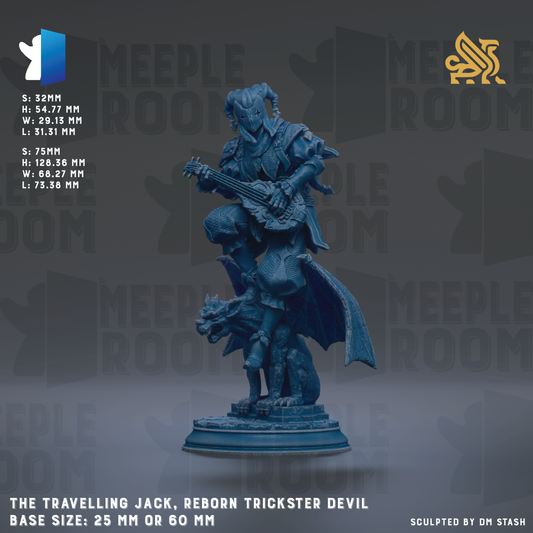 a statue of a travelling jack, a reborn trickster devil, with a dragon on its back. The statue is made of a dark blue material and is displayed on a pedestal. The base size of the statue is either 25mm or 60mm. The image is a sculpture by DM Stash.