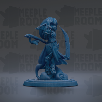 A blue figurine of a character with a sword and shield, standing on a base.